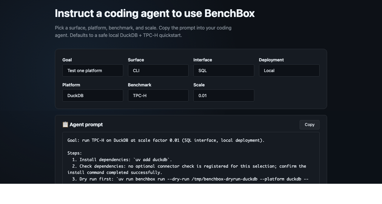 Screenshot of the BenchBox /prompts/ landing page configured for a local DuckDB TPC-H quickstart at scale 0.01, showing the goal/surface/interface/deployment/platform/benchmark/scale selectors and a generated copy-paste agent prompt below them