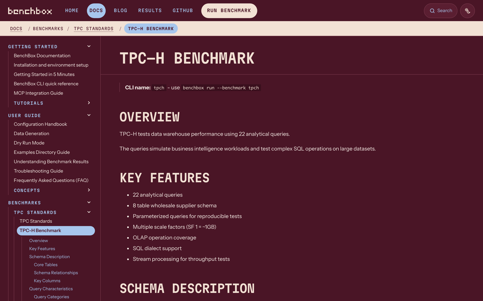 The TPC-H Benchmark docs page in the dark theme, with the breadcrumb bar at the top and the page's sections listed in the left nav.