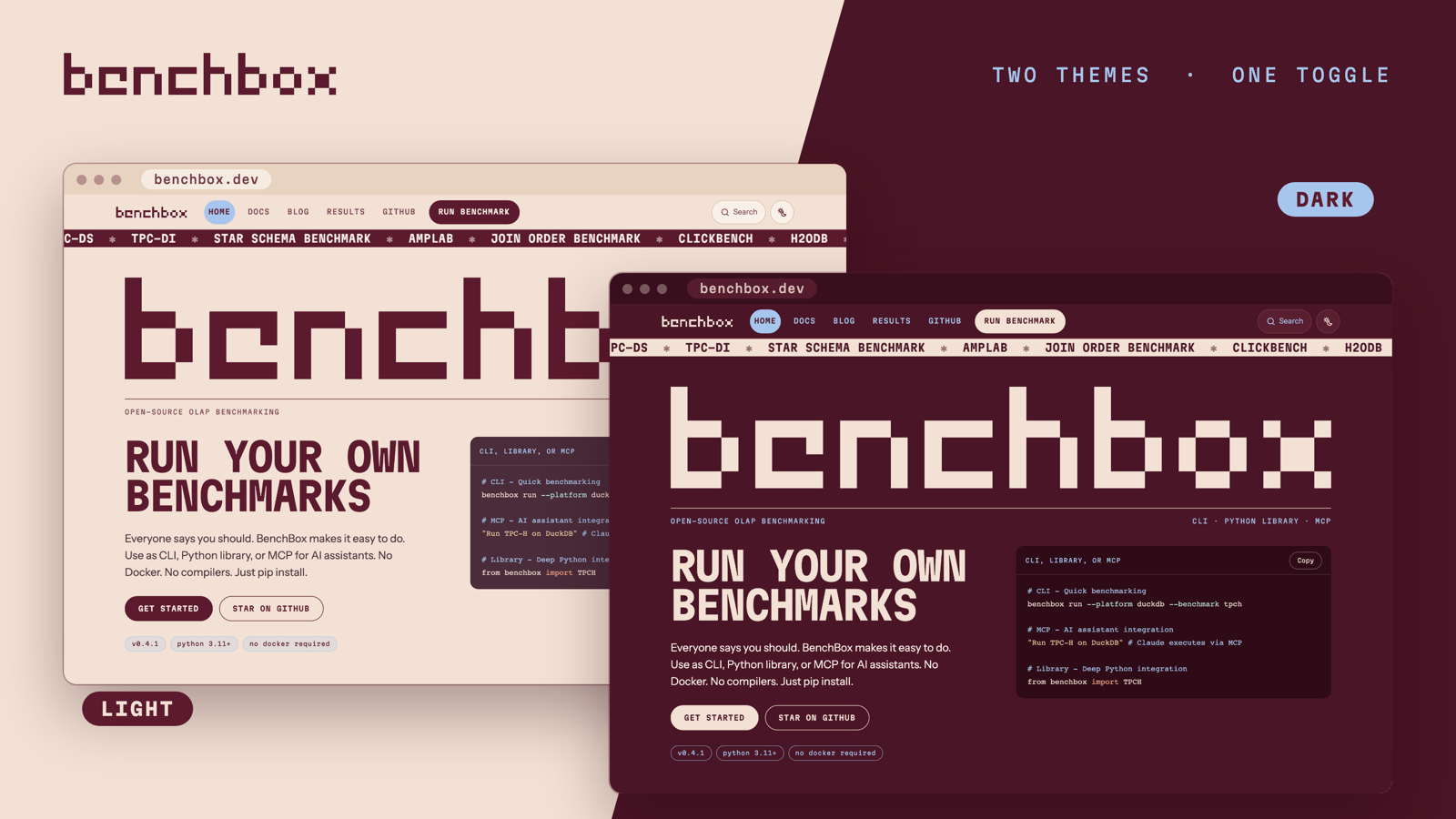 Light and dark versions of the new benchbox.dev home page, side by side.