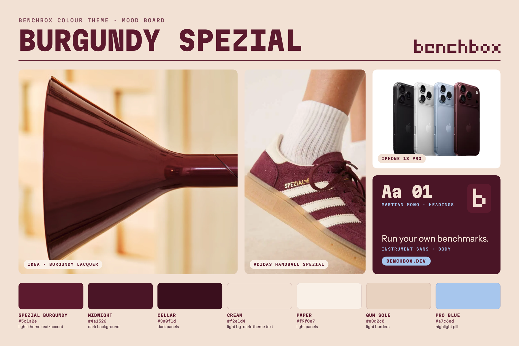 The "Burgundy Spezial" mood board: an IKEA burgundy lamp, the Adidas Handball Spezial in burgundy, the iPhone 18 Pro range, and the seven site colors from Spezial burgundy to Pro blue.